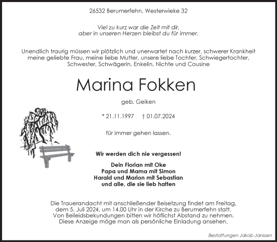 Traueranzeige von Marina Fokken von Ostfriesischer Kurier