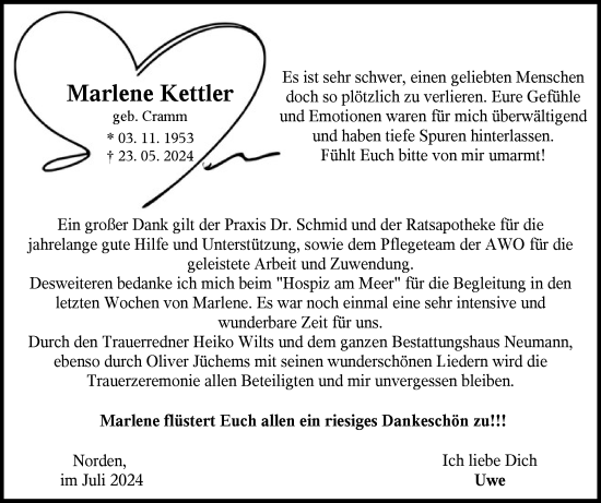 Traueranzeige von Marlene Kettler von Ostfriesischer Kurier