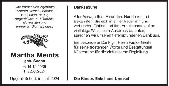 Traueranzeige von Martha Meints von Ostfriesischer Kurier