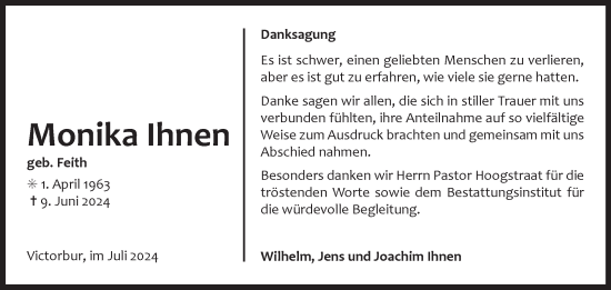 Traueranzeige von Monika Ihnen von Ostfriesischer Kurier