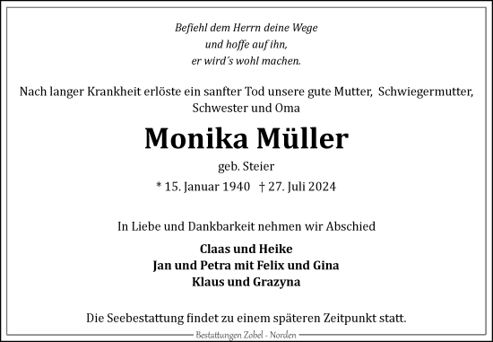 Traueranzeige von Monika Müller von Ostfriesischer Kurier