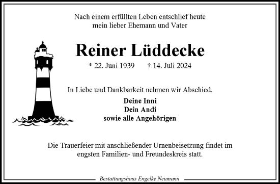 Traueranzeige von Reiner Lüddecke von Ostfriesischer Kurier