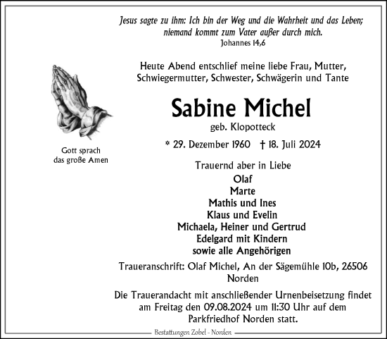 Traueranzeige von Sabine Michel von Ostfriesischer Kurier