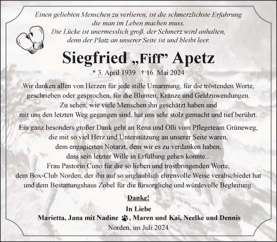 Traueranzeige von Siegfried Apetz von Ostfriesischer Kurier