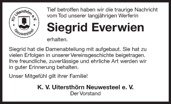Traueranzeige von Siegrid Everwien von Ostfriesischer Kurier