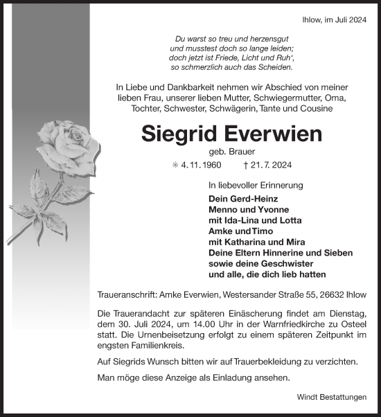 Traueranzeige von Siegrid Everwien von Ostfriesischer Kurier