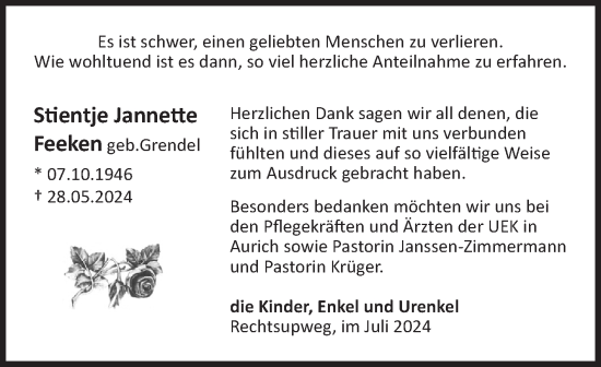 Traueranzeige von Stientje Jannette Feeken von Ostfriesischer Kurier