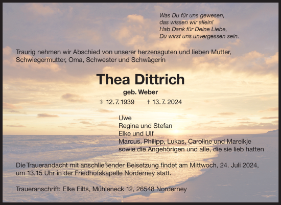 Traueranzeige von Thea Dittrich von Ostfriesischer Kurier
