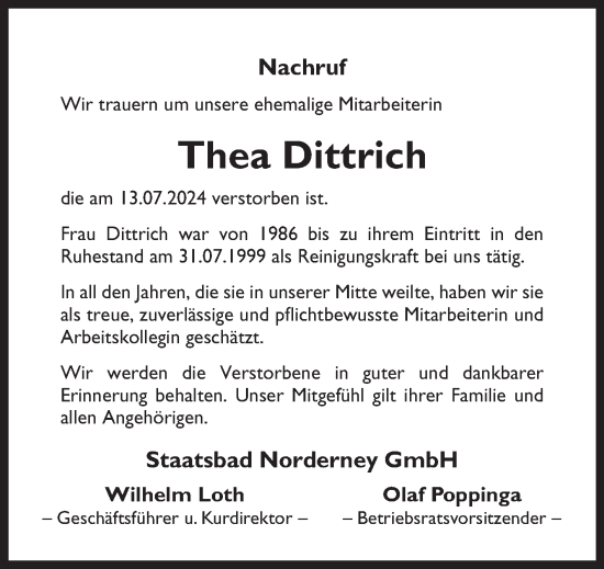 Traueranzeige von Thea Dittrich von Ostfriesischer Kurier