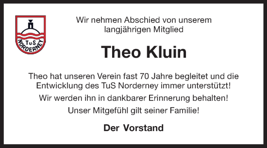 Traueranzeige von Theo Kluin von Ostfriesischer Kurier