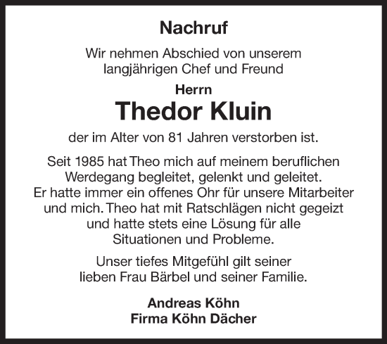 Traueranzeige von Theodor Kluin von Ostfriesischer Kurier