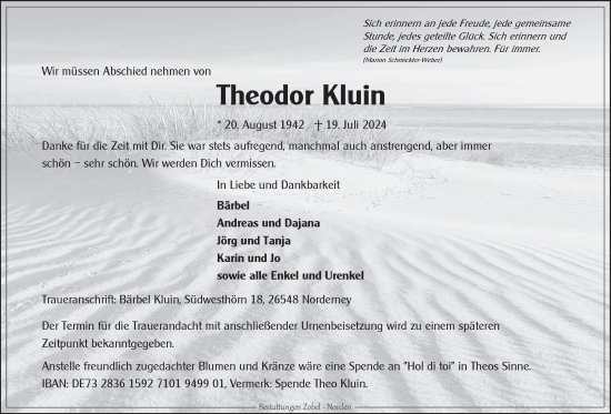 Traueranzeige von Theodor Kluin von Ostfriesischer Kurier