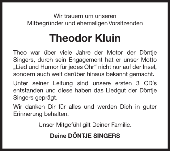 Traueranzeige von Theodor Kluin von Ostfriesischer Kurier
