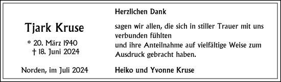 Traueranzeige von Tjark Kruse von Ostfriesischer Kurier