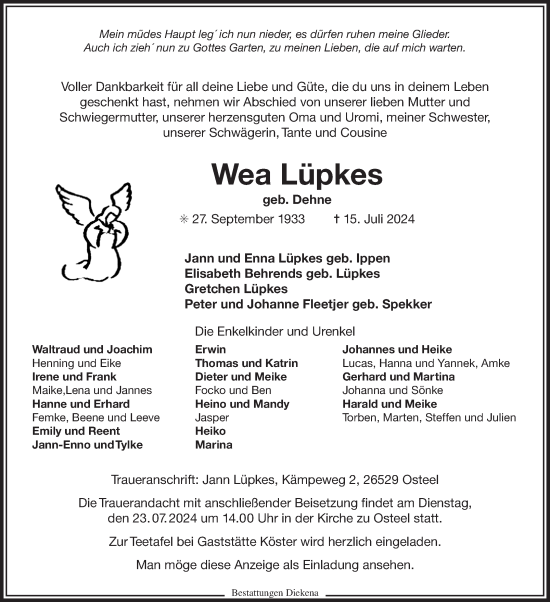 Traueranzeige von Wea Lüpkes von Ostfriesischer Kurier