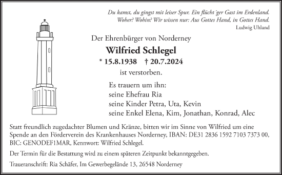 Traueranzeige von Wilfried Schlegel von Ostfriesischer Kurier