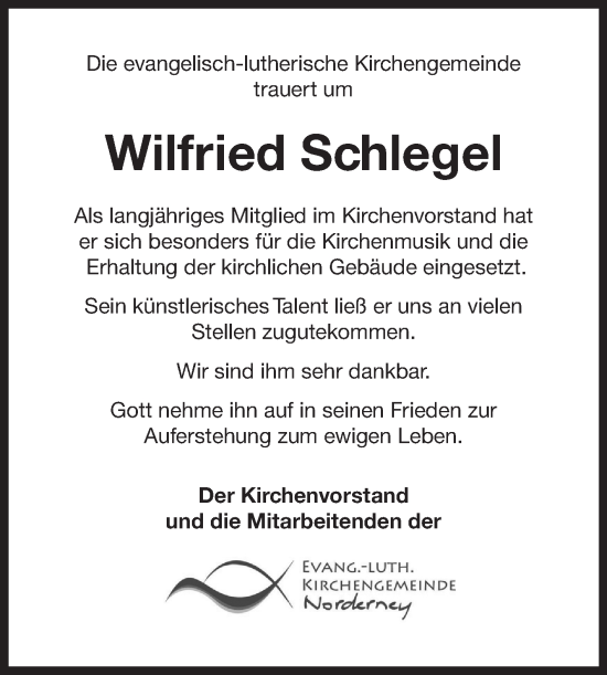 Traueranzeige von Wilfried Schlegel von Ostfriesischer Kurier