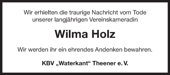 Traueranzeige von Wilma Holz von Ostfriesischer Kurier