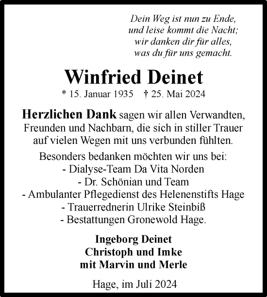 Traueranzeige von Winfried Deinet von Ostfriesischer Kurier