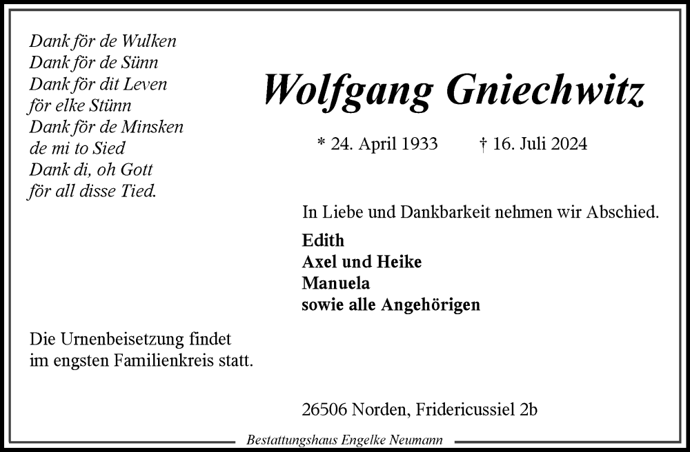  Traueranzeige für Wolfgang Gniechwitz vom 20.07.2024 aus Ostfriesischer Kurier