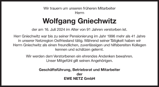 Traueranzeige von Wolfgang Gniechwitz von Ostfriesischer Kurier