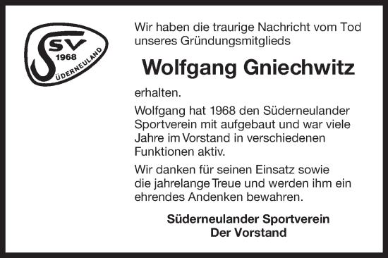 Traueranzeige von Wolfgang Gniechwitz von Ostfriesischer Kurier