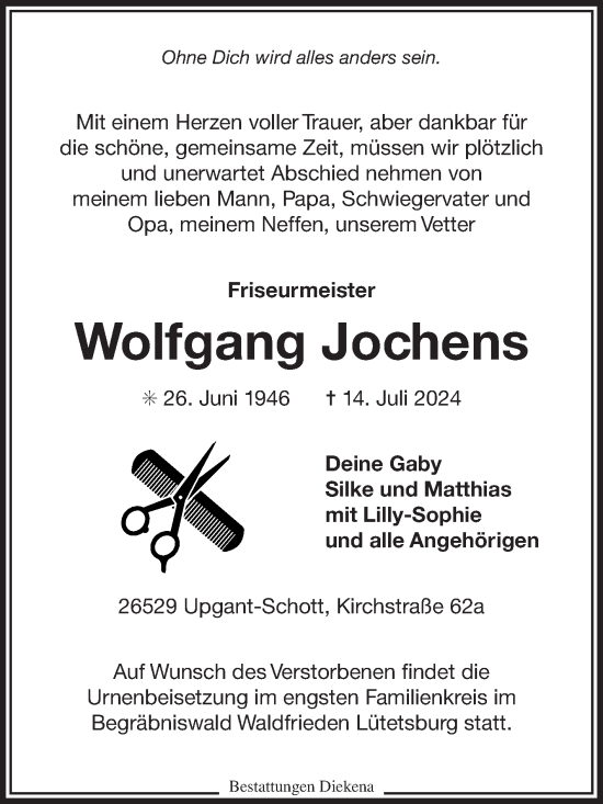 Traueranzeige von Wolfgang Jochens von Ostfriesischer Kurier