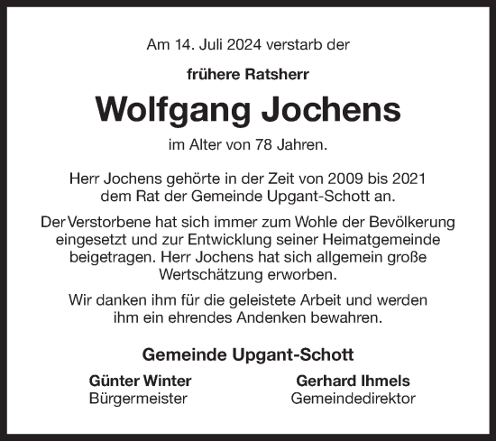 Traueranzeige von Wolfgang Jochens von Ostfriesischer Kurier