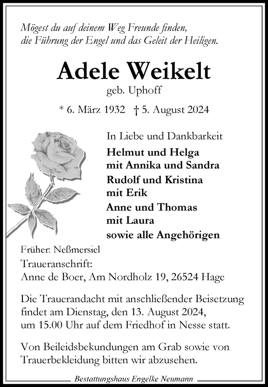 Traueranzeige von Adele Weikelt von Ostfriesischer Kurier