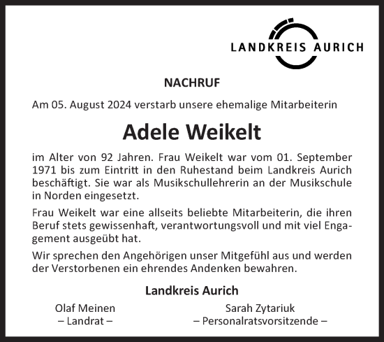Traueranzeige von Adele Weikelt von Ostfriesischer Kurier