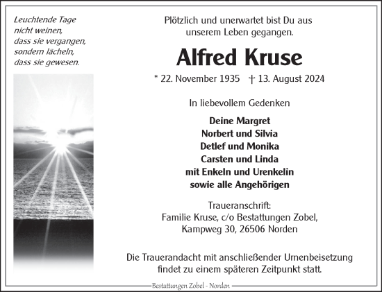 Traueranzeige von Alfred Kruse von Ostfriesischer Kurier