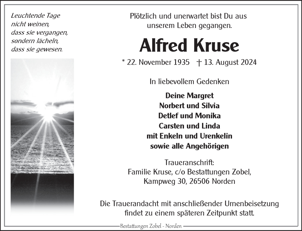  Traueranzeige für Alfred Kruse vom 17.08.2024 aus Ostfriesischer Kurier