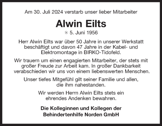 Traueranzeige von Alwin Eilts von Ostfriesischer Kurier