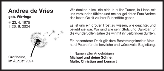 Traueranzeige von Andrea de Vries von Ostfriesischer Kurier
