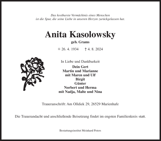 Traueranzeige von Anita Kasolowsky von Ostfriesischer Kurier