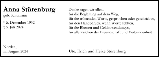 Traueranzeige von Anna Stürenburg von Ostfriesischer Kurier