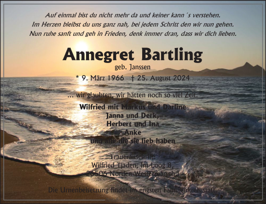 Traueranzeige von Annegret Bartling von Ostfriesischer Kurier