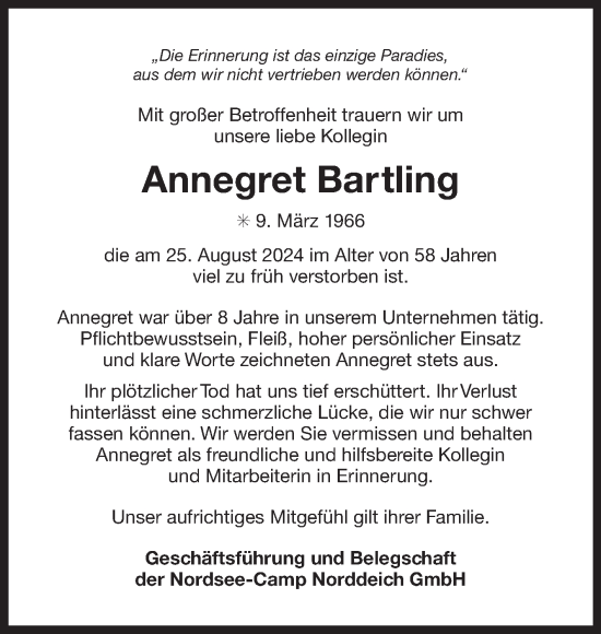 Traueranzeige von Annegret Bartling von Ostfriesischer Kurier