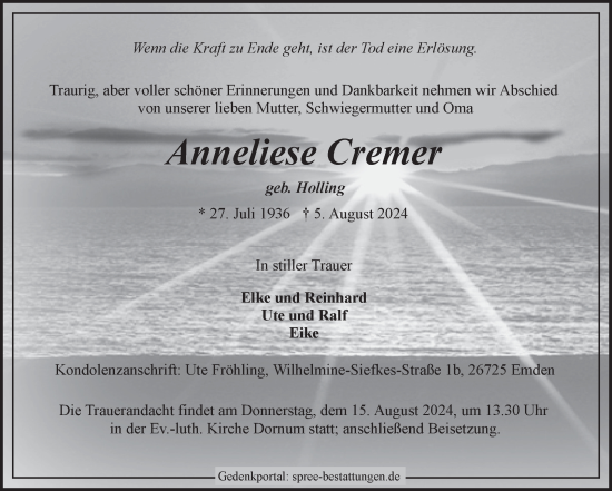 Traueranzeige von Anneliese Cremer von Ostfriesischer Kurier