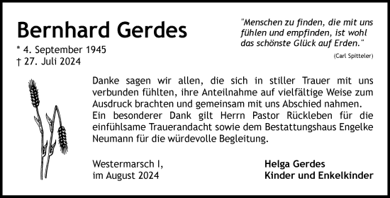Traueranzeige von Bernhard Gerdes von Ostfriesischer Kurier