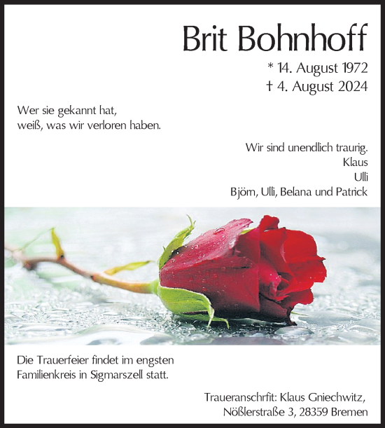 Traueranzeige von Brit Bohnhoff von Ostfriesischer Kurier