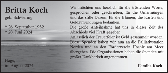 Traueranzeige von Britta Koch von Ostfriesischer Kurier