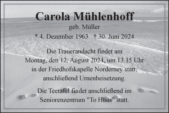 Traueranzeige von Carola Mühlenhoff von Ostfriesischer Kurier