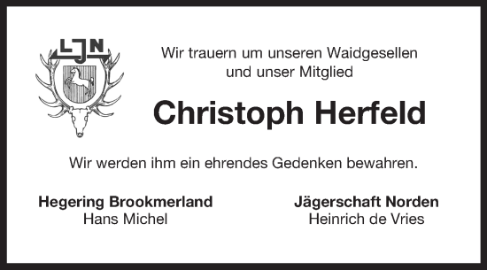 Traueranzeige von Christoph Herfeld von Ostfriesischer Kurier