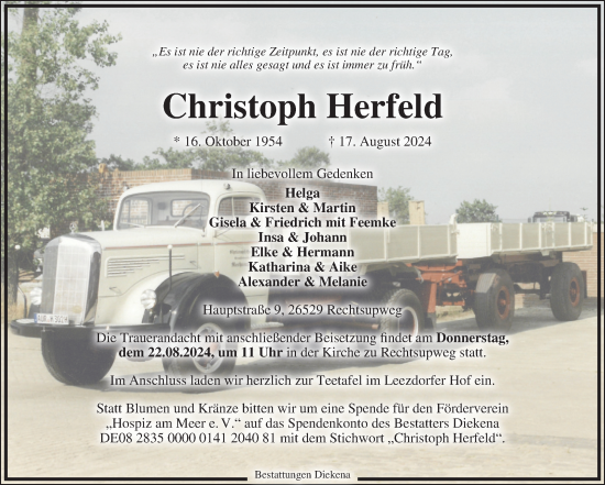 Traueranzeige von Christoph Herfeld von Ostfriesischer Kurier