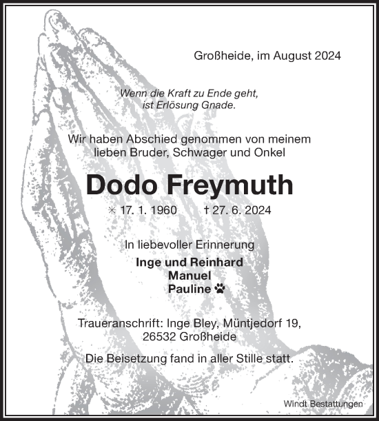 Traueranzeige von Dodo Freymuth von Ostfriesischer Kurier