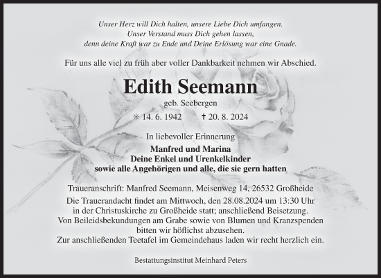Traueranzeige von Edith Seemann von Ostfriesischer Kurier