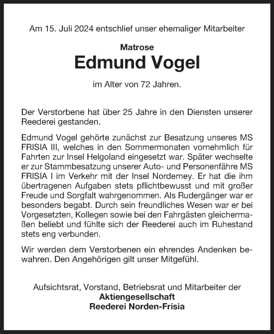 Traueranzeige von Edmund Vogel von Ostfriesischer Kurier