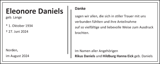 Traueranzeige von Eleonore Daniels von Ostfriesischer Kurier
