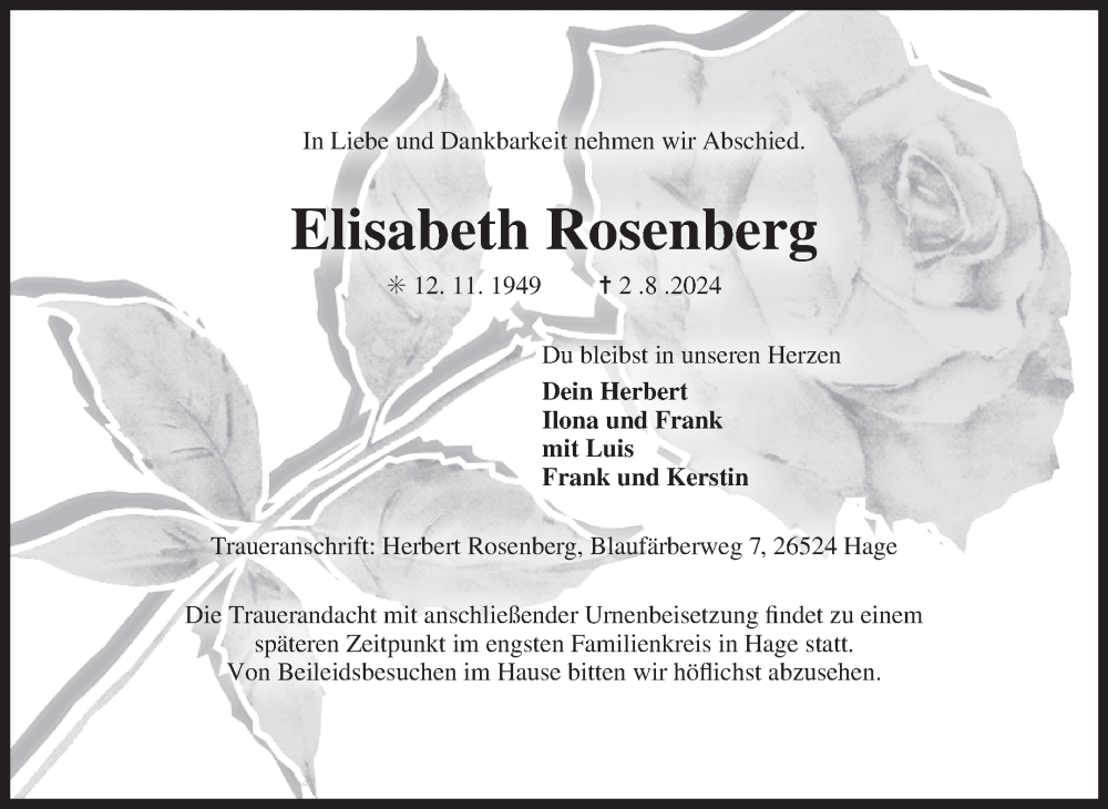  Traueranzeige für Elisabeth Rosenberg vom 07.08.2024 aus Ostfriesischer Kurier